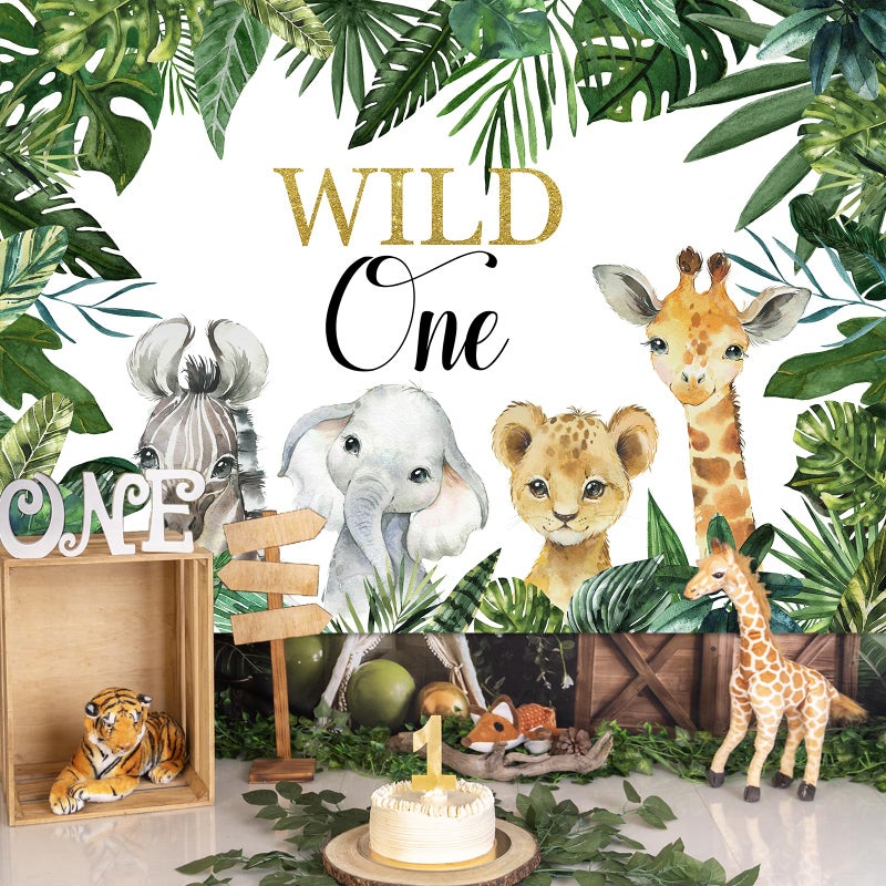 Mocsicka Safari Wild One Backdrop Safari Animal First Birthday Party Background Jungle Boy 1st Birthday Party Decorations Photography Background (7x5ft) - Image 2